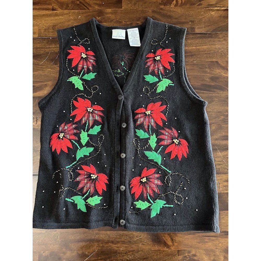 Bobbie Brooks Christmas Vest Medium Poinsettia Floral Embellished‎ Knit
